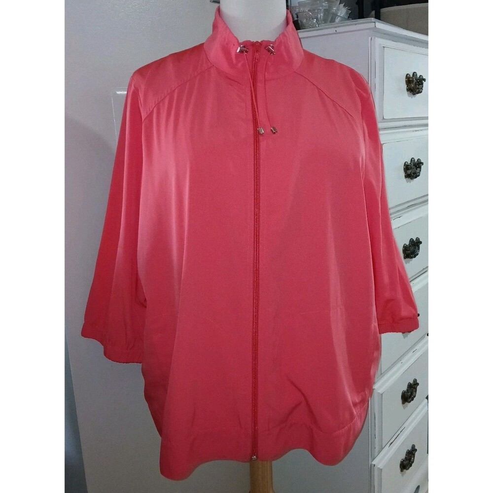 CJ BANKS Womens 3X Polyester Windbreaker Full Zipper 3/4 Sleeve Coral Jacket - Picture 3 of 13